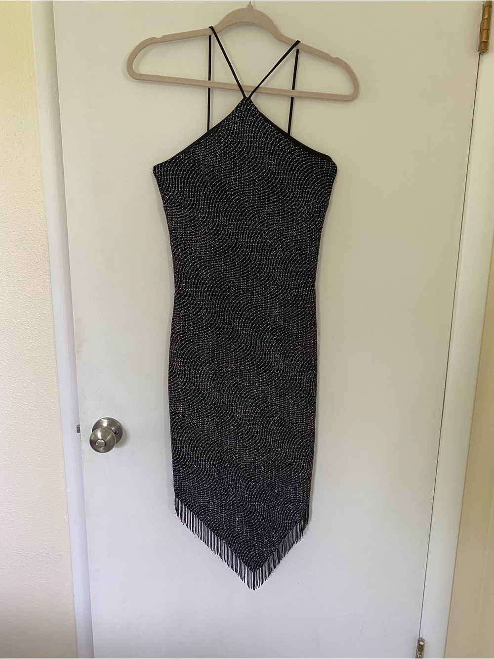 Vintage Cache Dress Y2K Black Beaded  Dress Halter Fringe Cocktail Size XS/S